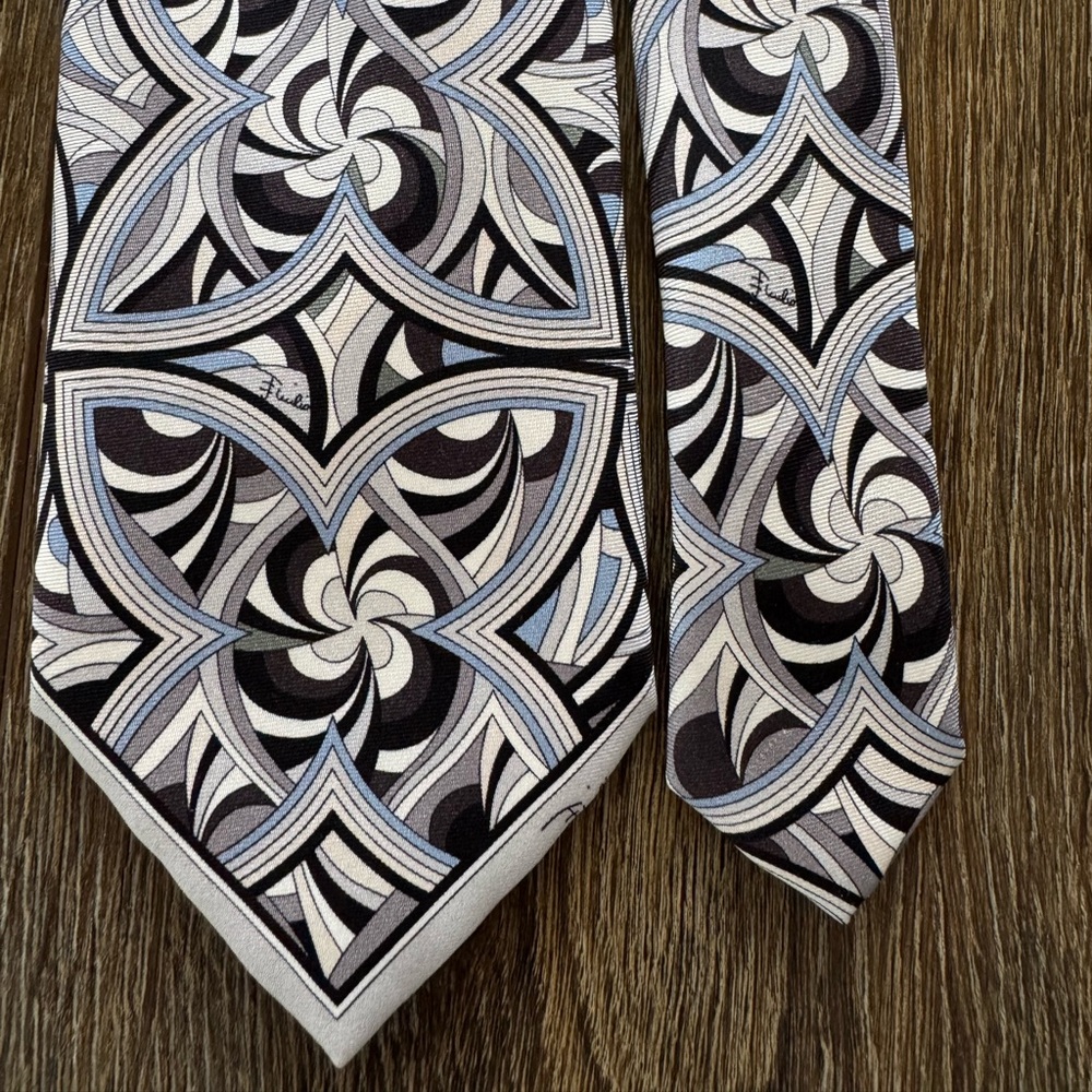 Emilio Pucci Firenze Vintage Geometric Floral Tie in Black, White & Light Blue
